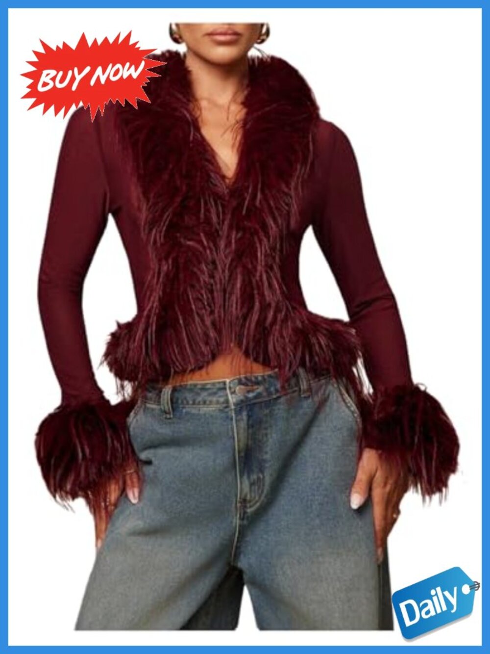Faux Fur Sheer Mesh Long Sleeve V-Neck Fitted Y2k Top